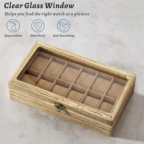 Vista 4 de SRIWATANA Caja de reloj, organizador de caja de reloj para hombres y mujeres, regalo del día del padre, 12 ranuras para reloj con tapa de cristal