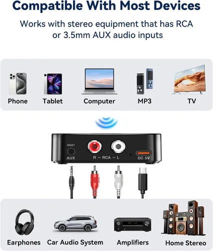 Vista 2 de Adaptador Bluetooth 6.0 a RCA para receptor estéreo, receptor Bluetooth de baja latencia de largo alcance para el hogar, adaptador de audio