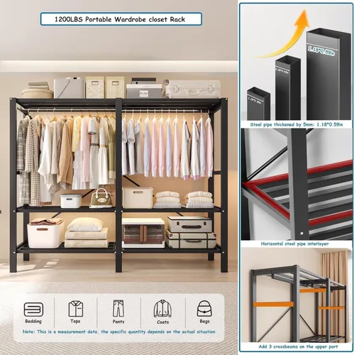 Vista 7 de Perchero cubierto resistente con puerta magnética, plegable, portátil, para colgar ropa, perchero de metal negro con ruedas (negro, 49.12 pulgadas)