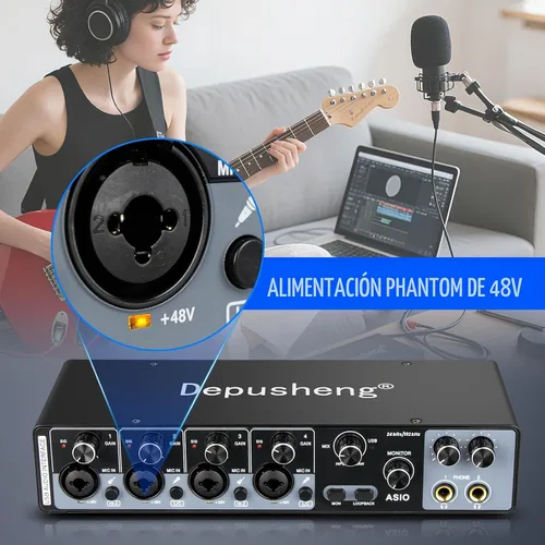 Vista 7 de Depusheng Interfaz de audio USB con controladores ASIO, 24 bits 192 Khz, alimentación fantasma +48 V, baja latencia para grabación de estudio