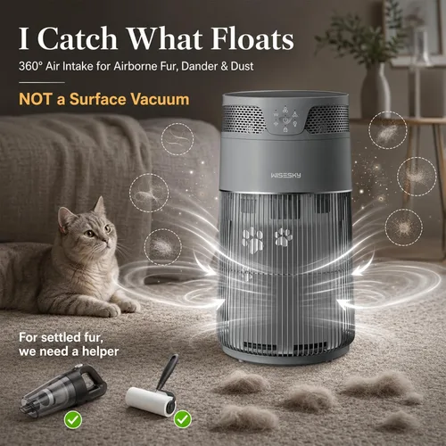 Vista 2 de WISESKY Purificador de aire para gatos con cable resistente a mordeduras y rejilla ancha y protección contra vuelcos Purificador de aire