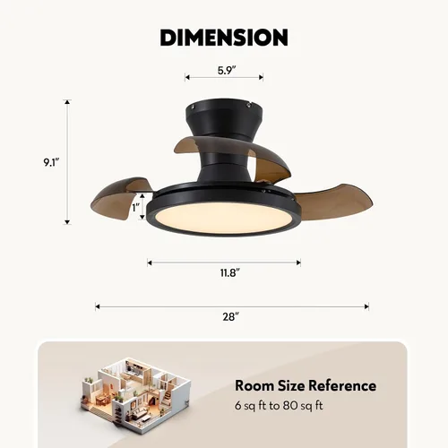 Vista 6 de Ventilador de techo retráctil moderno de 71 cm con luz, control remoto, regulable, 6 velocidades, reversible, pequeña luminaria de techo, sin aspas