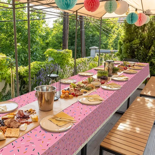 Vista 7 de 3 Piezas Mantel de Donas con Chispitas, Mantel de Mesa de Helado Rosa, Cubiertas de Mesa Rectangulares de Plástico Desechable para Niña Bebé Dulce