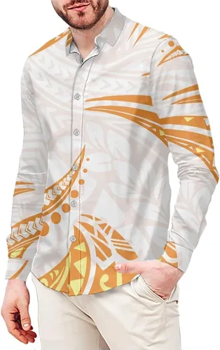 Vista 7 de Camisetas polinesias de manga larga para hombre para hombre, diseño floral de plantas tropicales, camisa con botones en la parte superior
