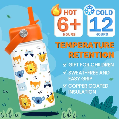 Vista 4 de SANDJEST Botella de Agua para Niños con Tapa de Pajita - 12 Oz Botella de Acero Inoxidable Aislada con Dibujo de Animales para Niños y Niñas - Taza
