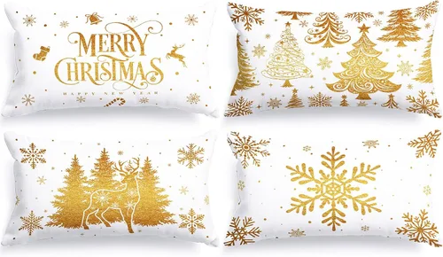 Vista 18 de Lanpn Juego de 4 fundas de almohada de Navidad negras de 12 x 12 pulgadas, fundas de almohada decorativas de invierno, cojín de árbol de Navidad