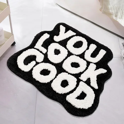 Vista 11 de Alfombra de baño con texto en blanco y negro con texto en inglés "You Look Good", divertida y bonita, decoración de baño, pequeña, fresca