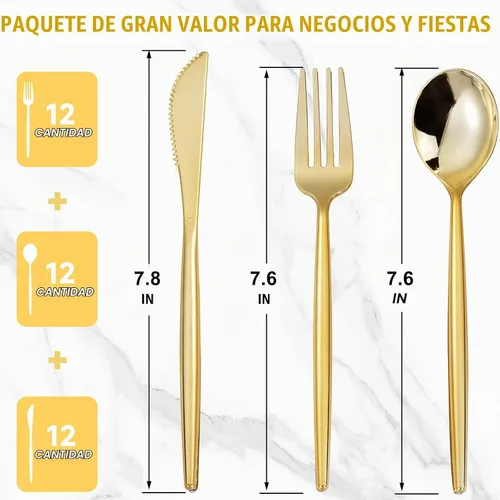 Vista 2 de MirthMood - 36 cubiertos de plástico dorados, cubiertos dorados desechables, utensilios desechables resistentes, juego de cubiertos de plástico