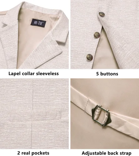 Vista 4 de Hi-Tie Chaleco de lana con solapa de muesca para hombre, chaleco individual C champaña
