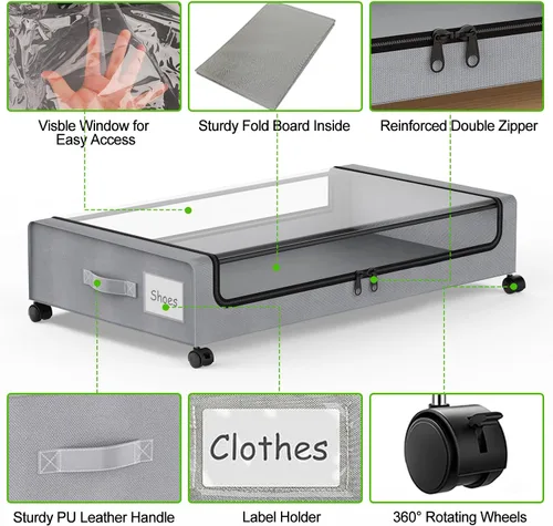 Vista 4 de Almacenamiento debajo de la cama con ruedas, paquete de 4 contenedores de almacenamiento debajo de la cama con tapas y cremalleras transparentes