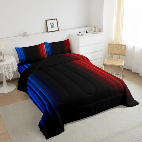 Vista 5 de Feelyou Juego de edredón geométrico degradado para adolescentes, tamaño individual, para niños y mujeres, azul, rojo y negro, juego de ropa de cama