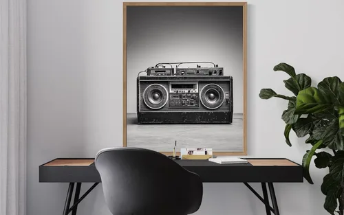 Vista 2 de Boombox - Póster musical musical instrumental para pared, color blanco y negro, fotografía, arte musical, dormitorio u oficina, sala de estar