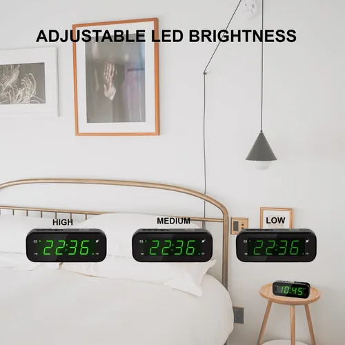 Vista 5 de Reloj despertador digital pequeño con pantalla de temperatura, funciona con pilas, brillo ajustable, repetición, 12/24 horas, inalámbrico, modo