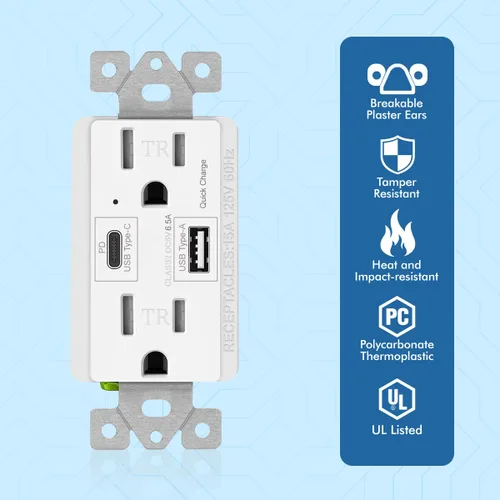 Vista 2 de Micmi Toma USB C + A PD de 65 W GaN + receptáculo de entrega de energía de 6.5 A con puertos tipo A y tipo C, 125 voltios resistente a