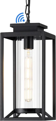 Vista 11 de Lámpara colgante exterior para porche, luz colgante negra de 1 luz, lámpara colgante exterior moderna con vidrio cilíndrico y cadena ajustable
