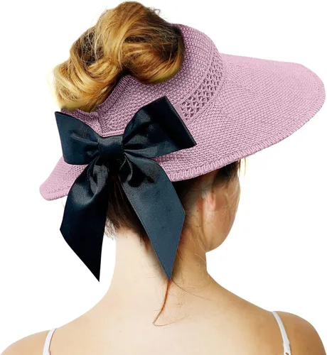 Vista 23 de Visera solar de paja para mujer, ala ancha, protección UPF 50+, sombrero de playa, ajustable, plegable, gorra de cola de caballo con correa
