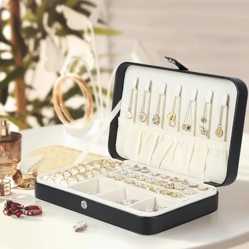 Vista 5 de Hatori Joyero de viaje para mujer, portátil, de piel sintética, organizador de joyas para collares, aretes, anillos, pulseras, pequeños regalos