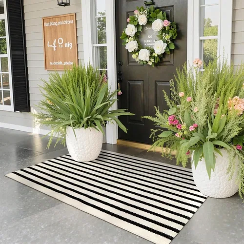 Vista 19 de KIMODE - Alfombra de algodón tejida con diseño a rayas en color negro, para puerta de entrada, cocina, decoración de estilo rústico