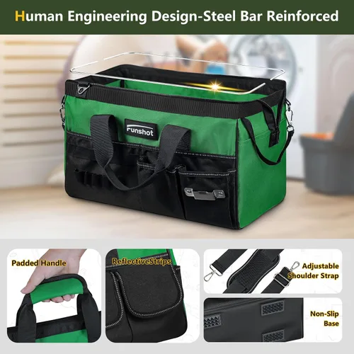 Vista 4 de Bolsa de herramientas resistente de 16 pulgadas, organizador de herramientas compacto con 17 bolsillos, bolsa de herramientas de boca ancha