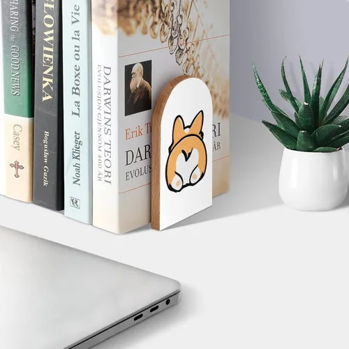 Vista 3 de Divertidos y bonitos sujetalibros decorativos de madera de Corgi naranja para estantes, habitación de los niños, escritorio, oficina en casa