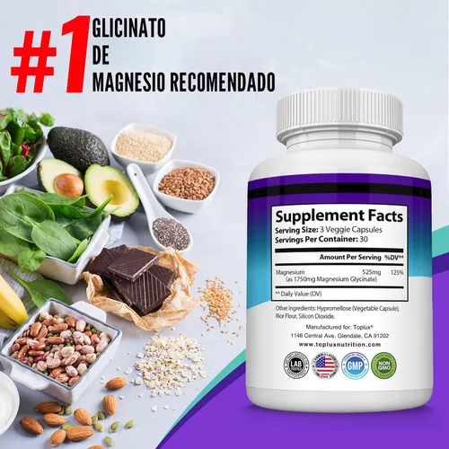 Vista 6 de Glicinato de magnesio 525 mg – Suplemento de magnesio quelado de alta absorción hecho con glicinato de magnesio puro – Apoya los músculos, sueño