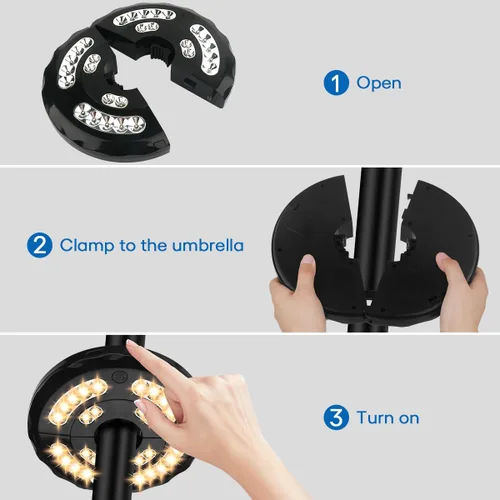 Vista 5 de Luz de sombrilla de patio de doble potencia, recargable y funciona con pilas, 3 modos de iluminación inalámbrica, luz de poste de sombrilla