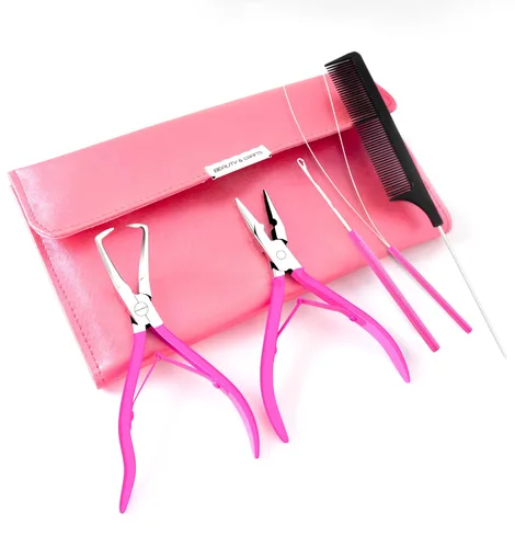 Vista 9 de Beauty & Crafts Herramientas de extensión de cabello, juego de alicates de acero inoxidable para microcuentas, 1 aguja de ganchillo, 1 gancho