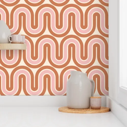 Vista 8 de Papel tapiz para despegar y pegar, diseño retro de mediados de siglo, líneas rosadas y marrones, decoración del hogar, olas, papel tapiz extraíble