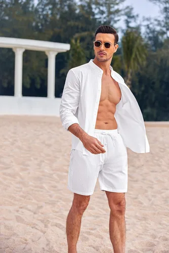 Vista 4 de COOFANDY Conjuntos de lino para hombre, 2 piezas, camisa de manga larga y pantalones cortos casuales con cordón en la cintura, trajes de verano