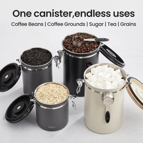 Vista 15 de Veken - Recipiente hermético para café de acero inoxidable, contenedor de almacenamiento de alimentos para la cocina con registro de fecha y cuchara