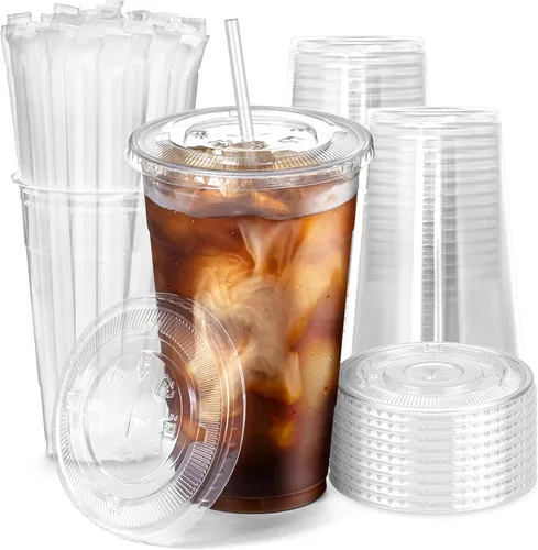 Vista 11 de Fit Meal Prep Paquete de 100 Vasos de Plástico para Café Helado de 16 oz con Tapas Planas y Pajitas Transparentes, Vaso Transparente Desechable