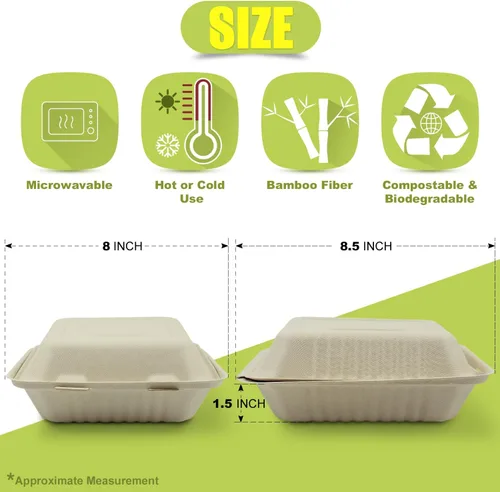 Vista 6 de Green Earth Caja de 50 unidades con 1 compartimento compostable de 8 pulgadas Fibra de bambú, cajas para llevar, tapa con bisagras, apta