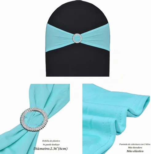 Vista 2 de 10 bandas elásticas de elastano azul turquesa, mano de obra de doble costura, bandas para cubierta de silla con hebilla deslizante para boda Aqua