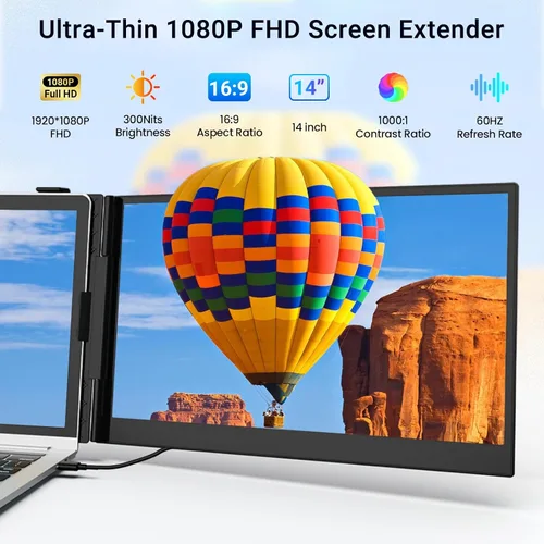 Vista 3 de Extensor de pantalla para laptop, 14 pulgadas, FHD 1080P, monitor portátil ultrafino para laptop con puerto USB-C/HDMI, Plug & Play