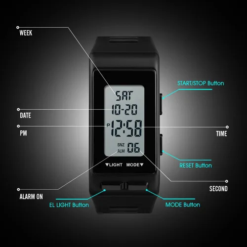 Vista 9 de Reloj digital deportivo rectangular negro para hombre, impermeable, pantalla LED, gran cara, militar, luminoso, cronómetro, alarma, militar, reloj
