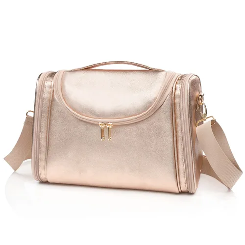 Vista 11 de Elegante estuche de maquillaje y aseo de viaje para mujer; estuche organizador de brochas y maquillaje de gran capacidad y hecho de cuero vegano