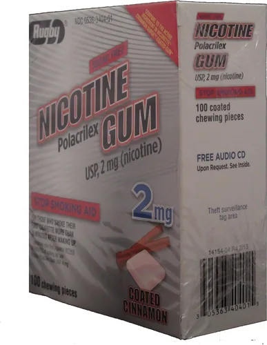 Vista 3 de Goma de mascar de nicotina 2 mg sin azúcar recubierta canela genérico para Nicorette 100 piezas por caja, paquete de 2 en total, 200 piezas