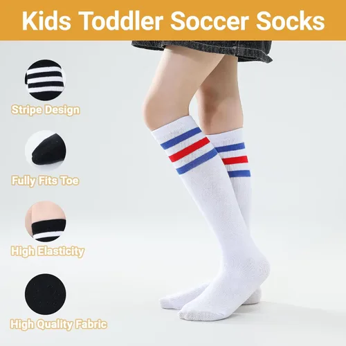 Vista 23 de TOCONFFON Calcetines de tubo hasta la rodilla para niños, niñas y adolescentes, calcetines deportivos de algodón para la escuela de fútbol, uniforme