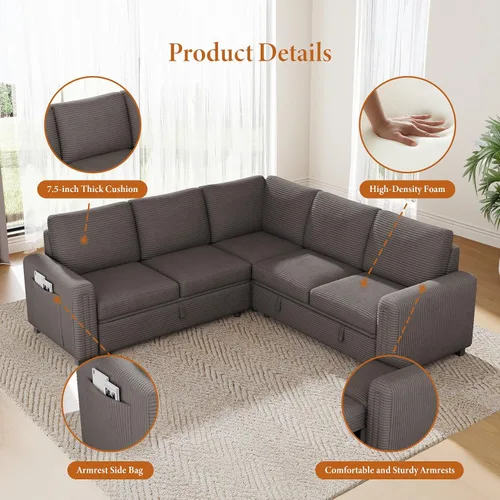 Vista 3 de Vesgantti Sofá Seccional Reclinable de 88.4" con Cama Extraíble, Sofá Seccional Modular en Forma de L de 5 Plazas con Almacenamiento, Cómodo Sofá