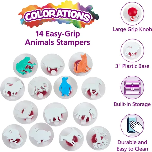 Vista 2 de Colorations Easy Knob Grip Stamper Sellos de Animales, Selva, Doméstico, Tropical, 14 Sellos, 2 pulgadas x 3 pulgadas, Narración de Cuentos