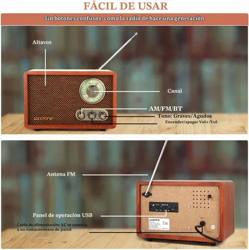 Vista 7 de LoopTone Radio vintage AM FM multifunción USB SD con altavoz Bluetooth, radio de mesa de madera retro para cocina, sala de estar con perilla