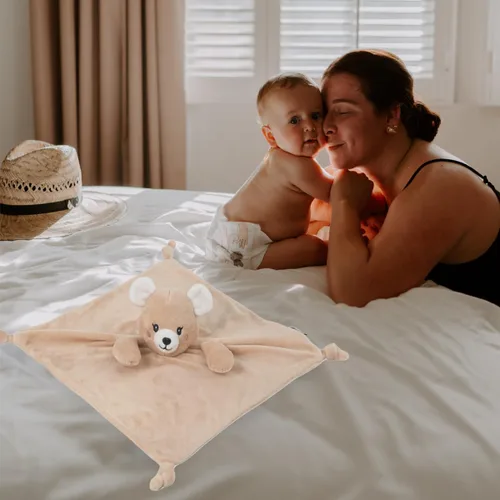 Vista 7 de KINREX Manta de seguridad de oso de peluche para bebés, toalla calmante de felpa suave, juguete de edredón unisex para bebé, compañero de sueño