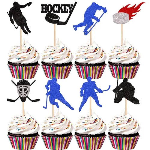 Vista 9 de 24 piezas de decoración de hockey para cupcakes, jugadores de hockey con purpurina negra, para cupcakes, hockey sobre hielo, temática deportiva