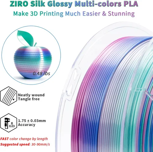 Vista 4 de ZIRO - Rápido cambio de color PLA, filamento de gradiente de color de 1.75mm, filamentos de PLA arcoíris brillantes, compatible con la mayoría