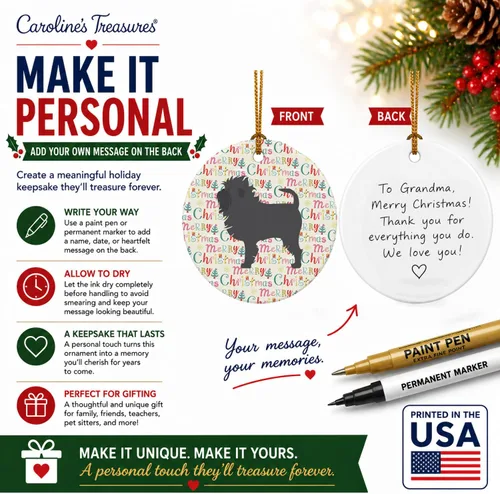 Vista 3 de Caroline's Treasures Affenpinscher - Adorno de cerámica con texto en inglés "Merry Christmas", multicolor para colgar en el árbol de Navidad