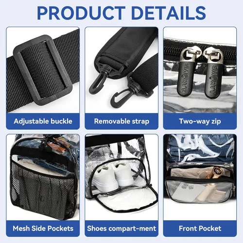 Vista 4 de Bolsa de lona transparente grande y resistente con compartimento para zapatos, bolsa de gimnasio transparente aprobada por estadios con correa