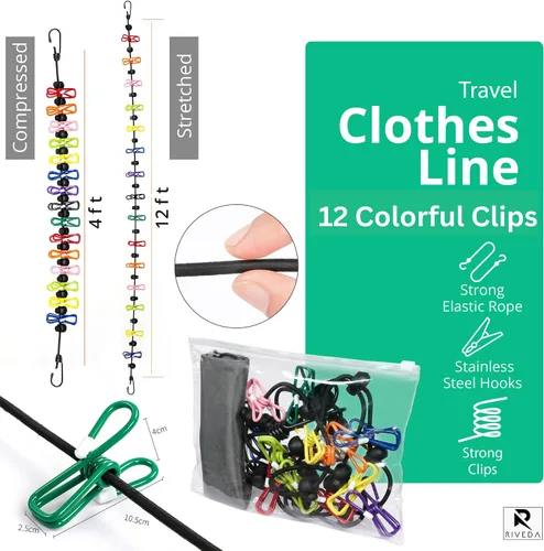 Vista 2 de Tendedero portátil de viaje con 12 clips coloridos y bolsa, línea de ropa elástica para RV y campamentos para línea de secado de ropa