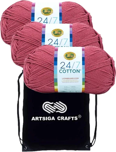 Vista 57 de Lion Brand 24/7 Algodón Blanco 761-100 (6-Carrillos - Mismo Lote de Tinta) Hila Gruesa Media #4 de Algodón para Crochet y Tejido con Bolsa