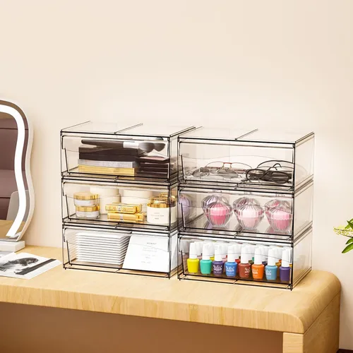 Vista 2 de Paquete de 6 cajones de almacenamiento apilables transparentes, organizador de maquillaje de baño grande de 12 pulgadas de ancho y bolígrafo, lentes