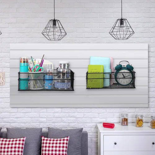 Vista 6 de Barydat Juego de 4 cestas de metal ventilado para colgar en la pared, accesorios de montaje en pared para panel de almacenamiento de garaje, Negro